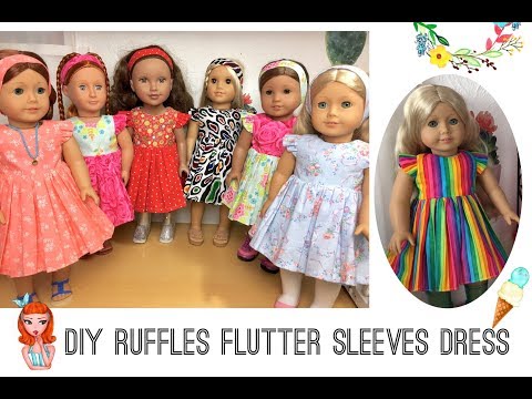 How To Sew Ruffle flutter sleeve dress for 18” and 14” dolls Free patterns | HappyBankyCraftymom