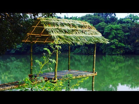 Primitive Technology: Amazing Bamboo Hut Building around Water with Triangle Thatch Roof !
