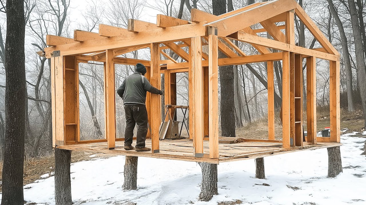 Man Builds Remote OFF-Grid Cabin on Tree Stumps | 1-Year Timelapse by @lesnoy_daddy5358