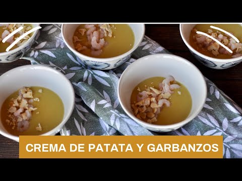 Crema de patata y garbanzos con gambitas