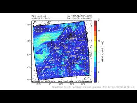 TerrSysMP monitoring run 2016-04-12 - wind speed - Europe (72h)
