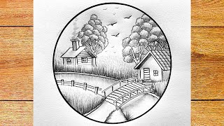 How to drawing beautiful tiny cottage in circle