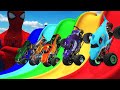 5 MONSTER TRUCK VS COLOR WATER SLIDE STORY