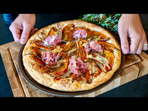 Puff pastry tart with raclette, pumpkin and shallots