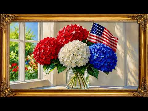 Patriotic Memorial Day TV Art | Hydrangeas & American Flag | Memorial Day TV Art | 4K Patriotic TV
