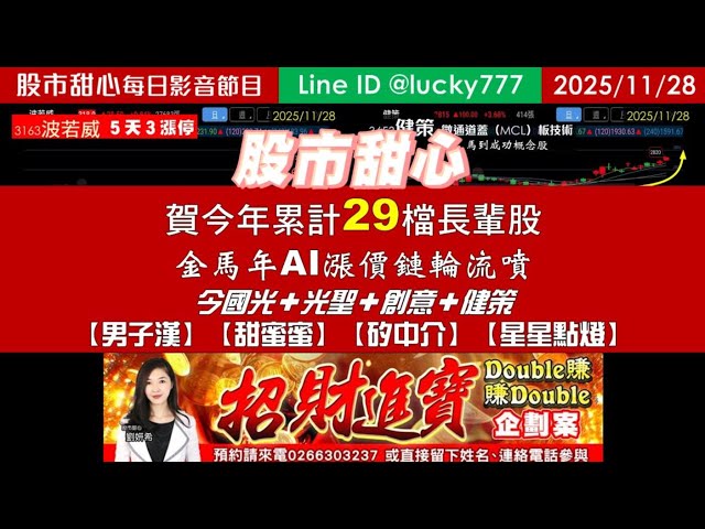 1128【甜心盤後影音】賀！今年累計29支長輩股，金馬年AI漲價鏈輪流噴！今國光．光聖．創意．健策．「男子漢．甜蜜蜜．矽中介．星星點燈」