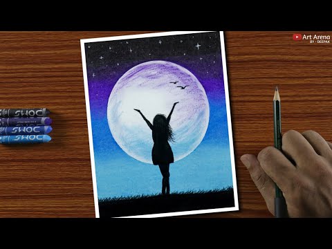 Easy Oil Pastel Drawing for Beginners - A Girl in Moonlight - Step by Step