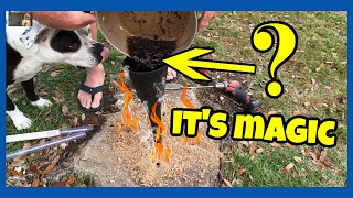 INGENIOUS WAY TO FRY A TREE STUMP and Dispose of your old Cooking Oil at The Same Time