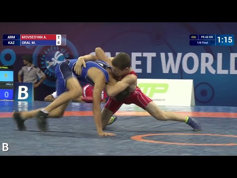 1/8 FS - 42 kg: A. MOVSESYAN (ARM) df. M. ORAL (KAZ) by TF, 12-2