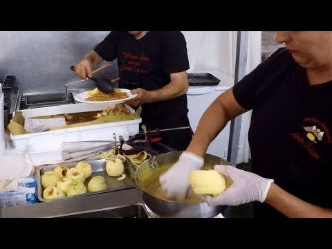 Italy Street Food. Cutting and Frying 'Frittelle di Mele',  Apple Fried Pancakes