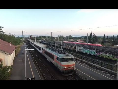 SNCF Intercité with loco BB 22200 arriving and departing.View from above - France trains