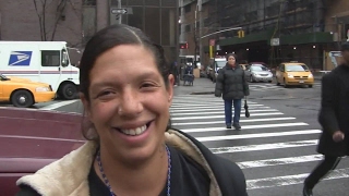 Homeless woman is pregnant and homeless. Last night she slept on a sidewalk near Times Square.