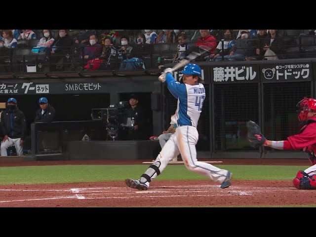 【3回裏】ファイターズ・水野達稀がレフトへのタイムリー2ベースヒットで1点返す!!  2024年3月12日 北海道日本ハムファイターズ 対 広島東洋カープ