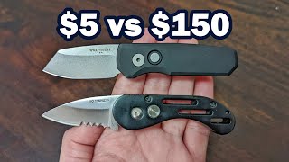 Protech Runt 5 Reverse Tanto vs Flea Market Cali Legal Auto - Small Details Review and Comparison