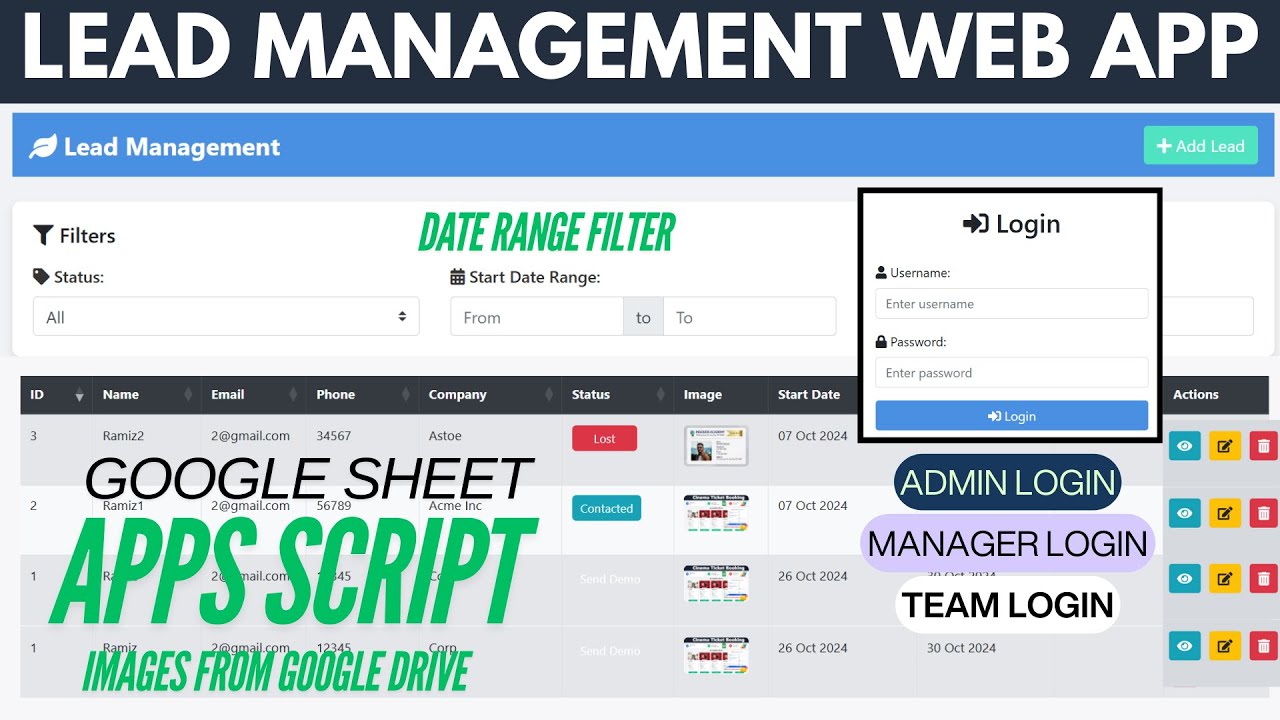 Lead Management Web App With Admin , Manager & Team Login Using Google Spreadsheet data | B51