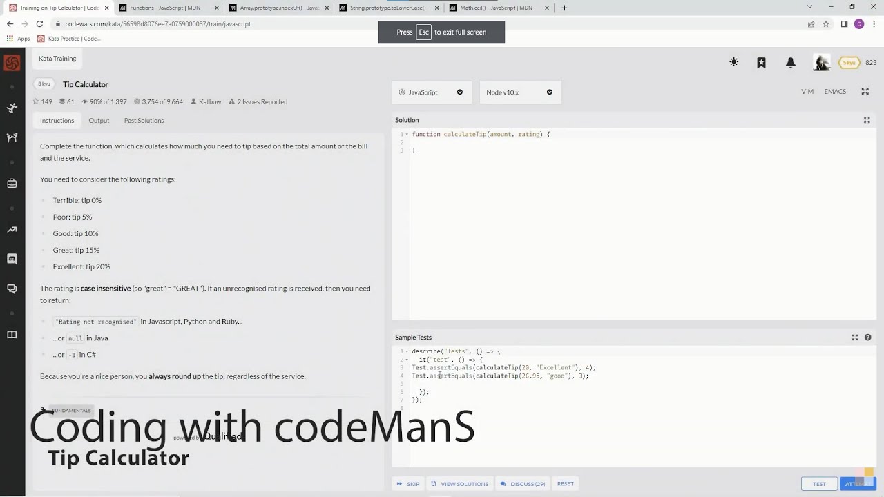 Codewars 8 kyu Tip Calculator JavaScript