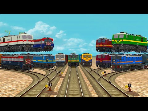 11 COLORFUL TRAINS FLYING AND CROSSING ON TOP OF THE OTHER TRAIN-CROSSING SAME LINE RAILROAD TRACK