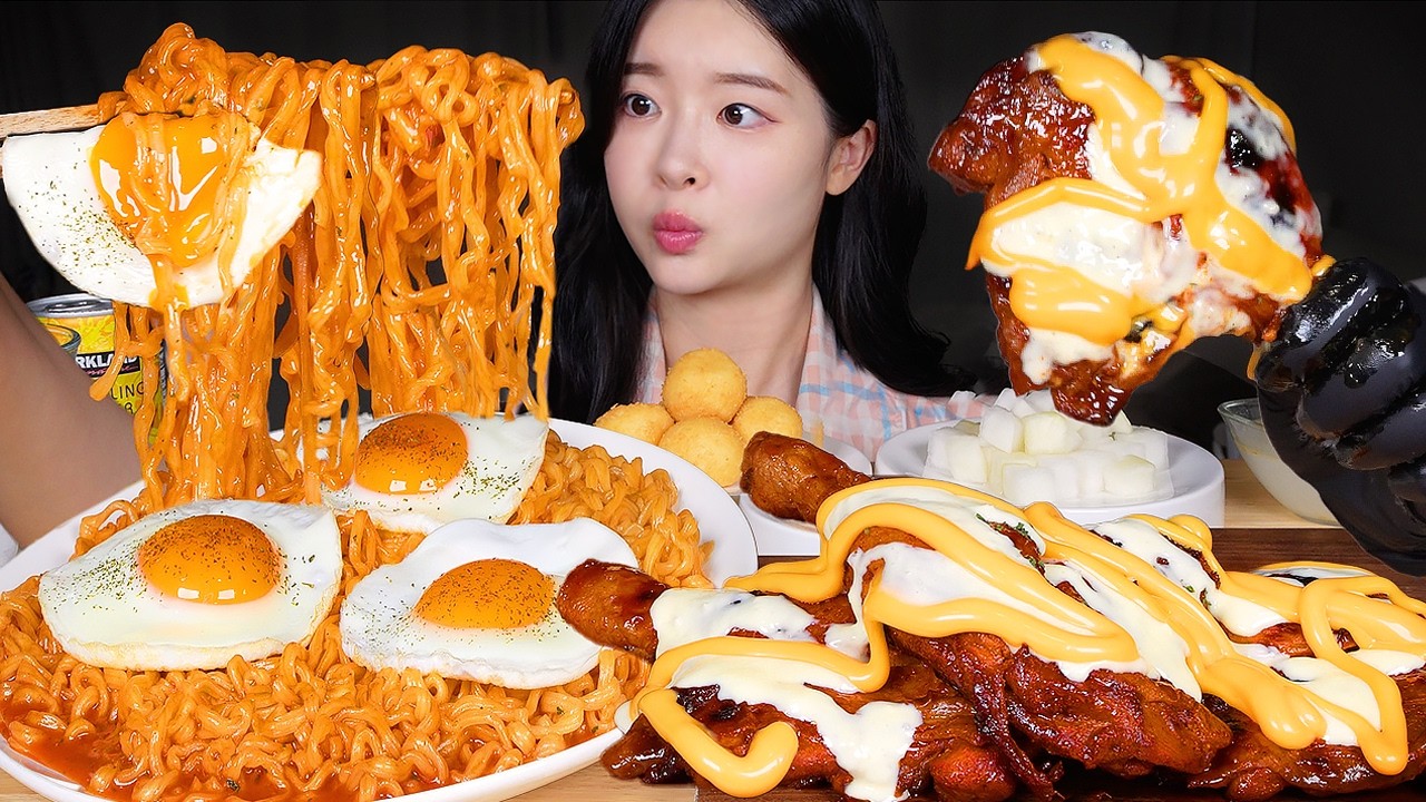 ASMR MUKBANG | 꾸덕꾸덕 신라면 로제 ☆ 자메이카 통다리 치즈볼 🍗 먹방! Creamy Shin Ramyun Rosé & Chicken Legs & Che