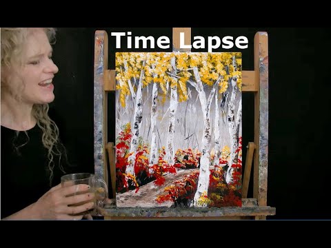 TIME LAPSE - Learn How to Paint "FALL BIRCH TREES" with Acrylic Palette Knife - Step by Step Lesson