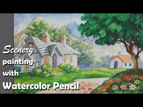 Mountains and Pine Tress Watercolor Pencil Landscape Drawing | steps to follow