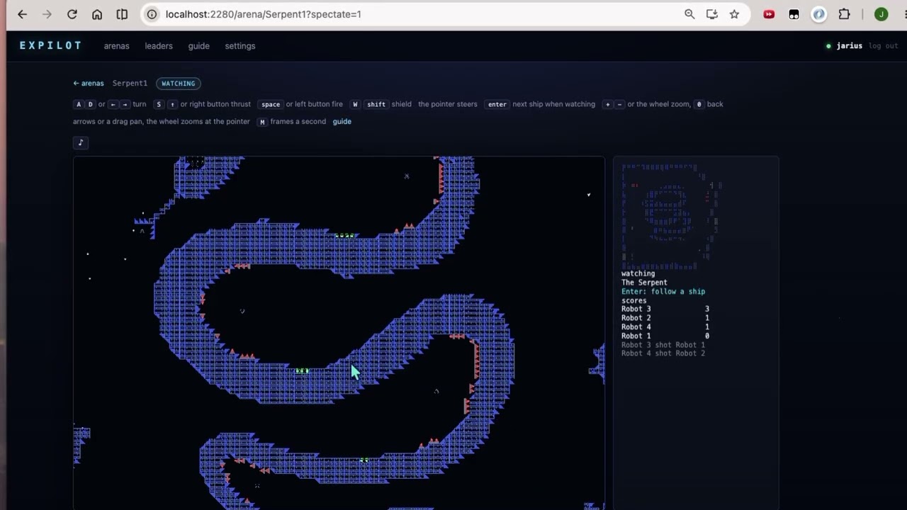 ExPilot in play: the lobby, CurlyWorld with fifteen robots, following ships, zooming out to the whole map, with the music