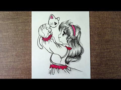 Daily challenge #176/ How to draw a Girl with Cat /Pencil drawing
