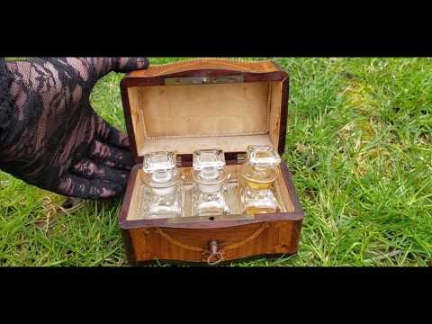 Ebay Score! Antique French Napoleon III Boulle Wood Tantalus Box w/ Baccarat Glass Scent Bottles