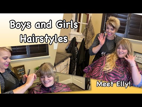Hair stylist demonstrating a haircut on a client wearing a salon cape, featuring the brand name "Boys and Girls Hairstyles" and a welcoming introduction to "Meet Elly!" in a cozy salon setting.
