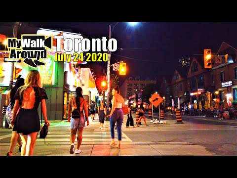 Downtown Toronto night walk from CN Tower through Spadina and College Street (Toronto walking video)