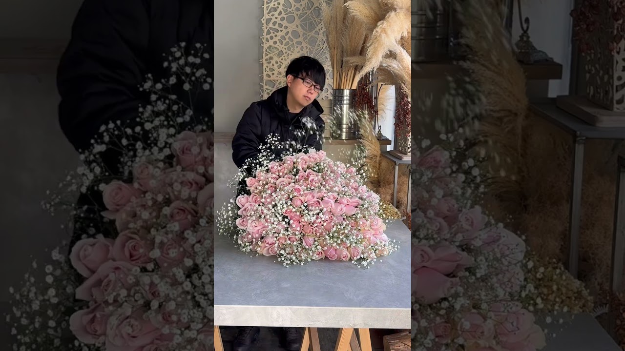 プロポーズに贈る淡いピンクバラ108本とかすみ草の花束　#花束 #プロポーズ #花屋 #花