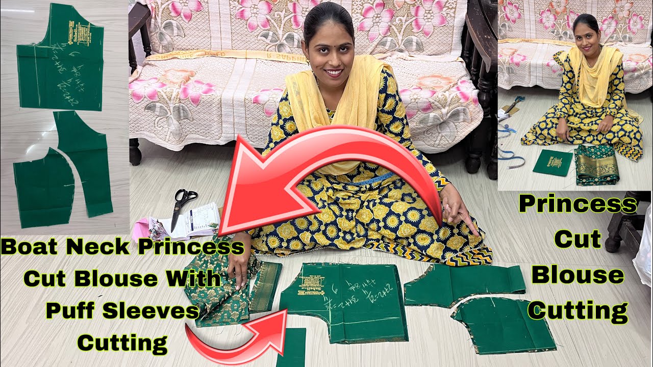 Boat Neck Princess Cut Blouse Cutting with Puff Sleeves