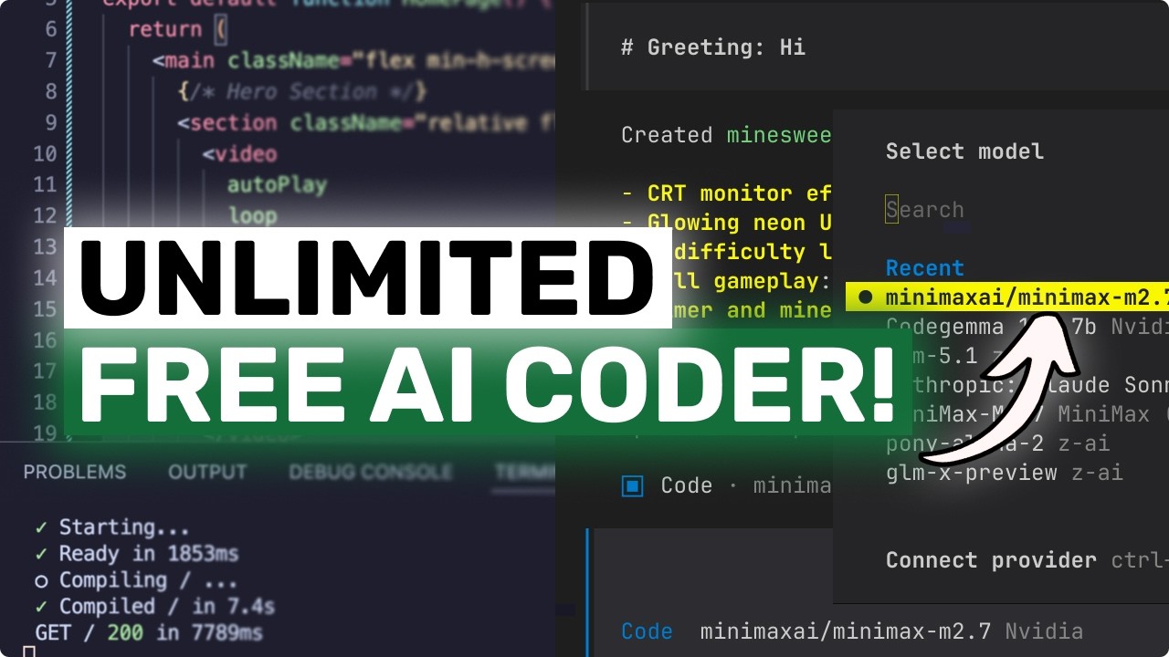 UNLIMITED FREE MiniMax M2.7 + Hermes,OpenCode,Claude Code: This is THE BEST UNLIMITED FREE AI Coder!