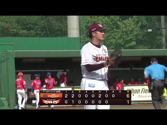 [Juego de Granja] Hayato Yuge de Los Eagles lanza 2 2/3 entradas carreras permitidas como bombero y cerrador largo. 23 de agosto de 2025. Tohoku Rakuten Golden Eagles vs. Oisix Niigata Albirex BC.