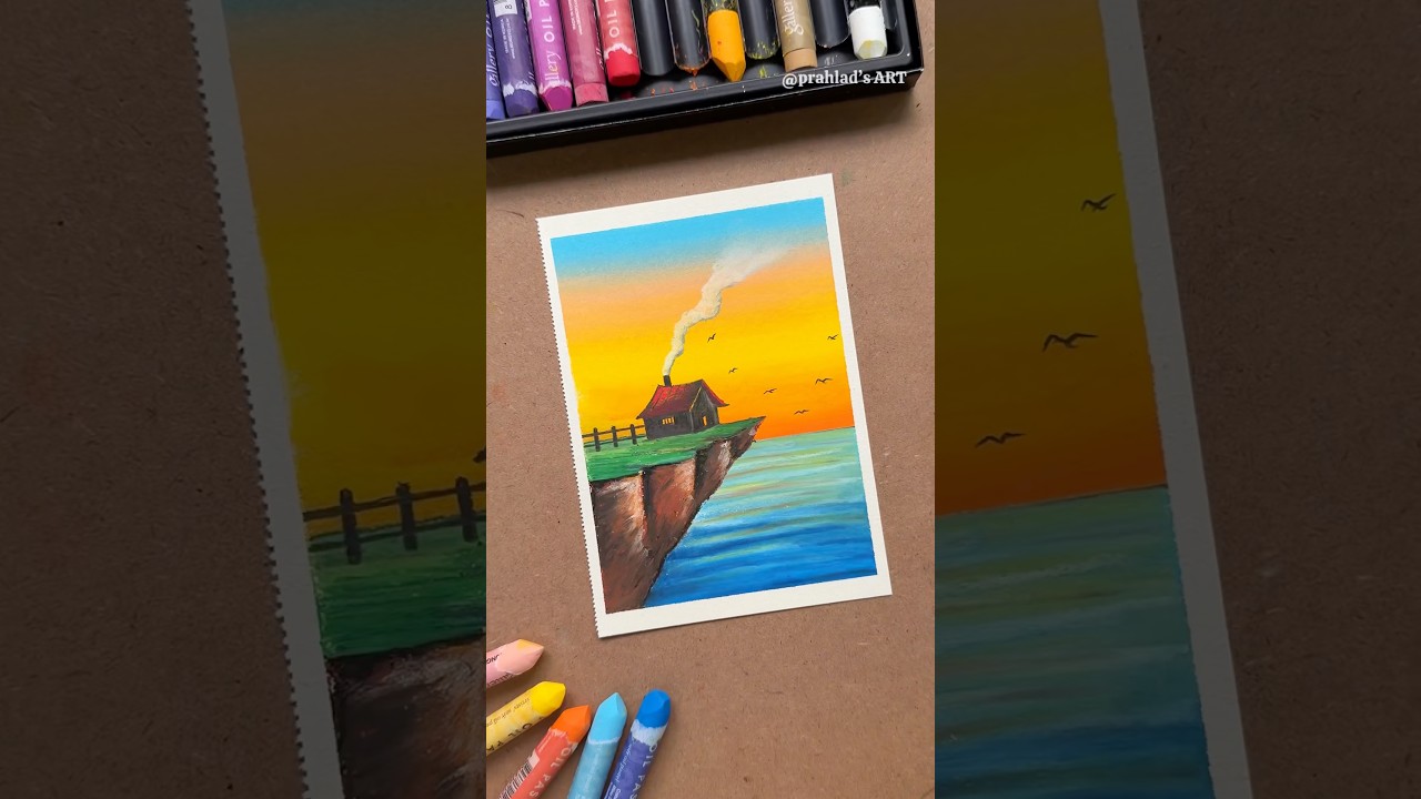 Easy Sunset Cliff House Drawing with Oil Pastels | Step-by-Step Tutorial for Beginners