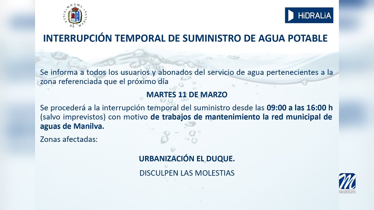 Parte de la Urbanización el Duque se quedará mañana sin agua