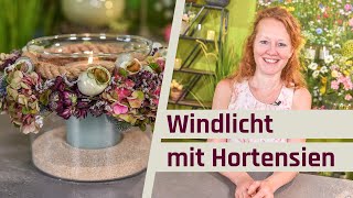 Windlicht mit Hortensien selber machen | Tischdeko Glasvase dekorieren