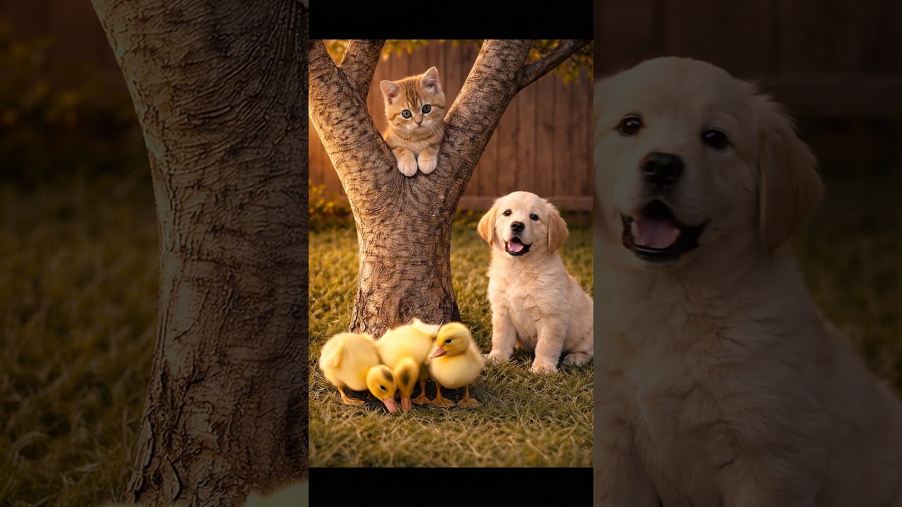 📸A Kitten on the Tree, Ducklings in a Line, and a Proud Puppy Create the Cute Portrait #shorts
