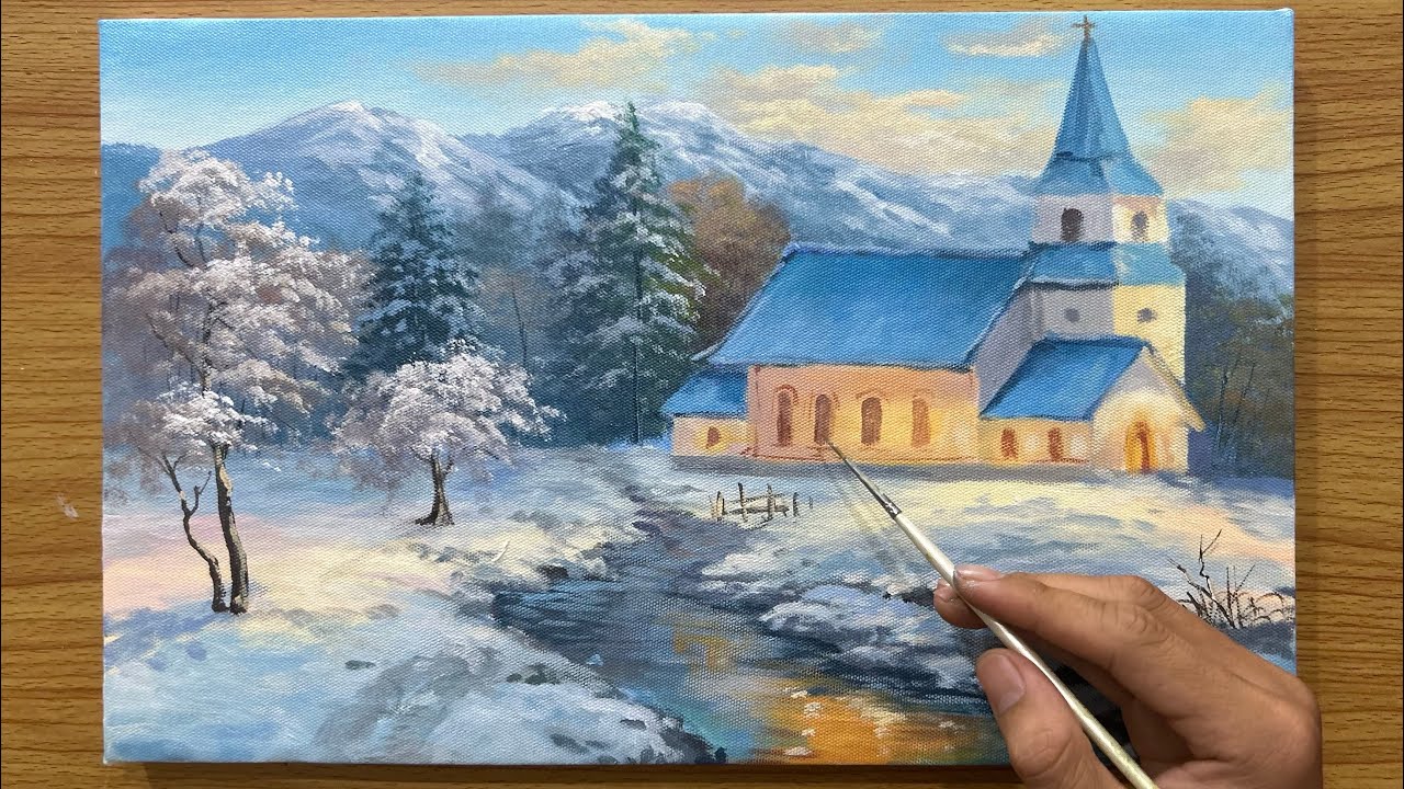 How to paint Peaceful Winter Church Landscape | Relaxing Acrylic Painting Tutorial