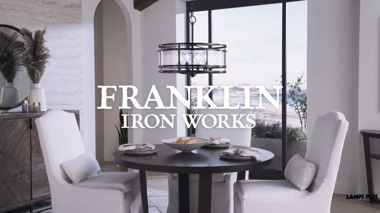 Video1 of Franklin Iron Works Elwood 20" Textured Glass and Bronze Drum Pendant
