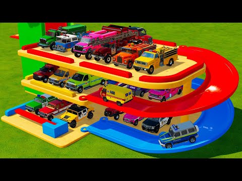 TRANSPORTING ALL POLICE CARS, AMBULANCE & FIRE TRUCKS TO THE GARAGE! Farming Simulator 22