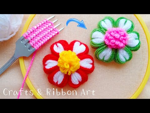 Amazing Flower Craft Ideas with Wool - Hand Embroidery Easy Trick - DIY Woolen Flowers