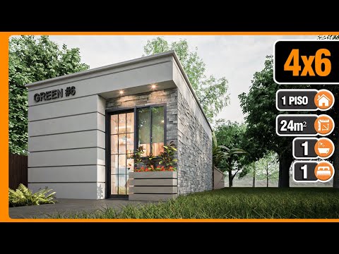 Plano de casa Pequeña 4x6 🏡 1 dormitorio 1 baño | Diseño de Casa 4x6 con 24 m2 | Tiny House 24 sqm