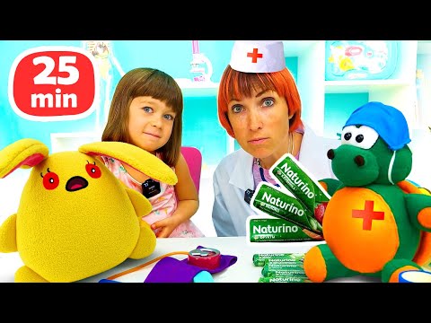 Bianca is a Doctor for Toys: Giant Toy Bear & Toy Rabbit Lucky Are Sick!