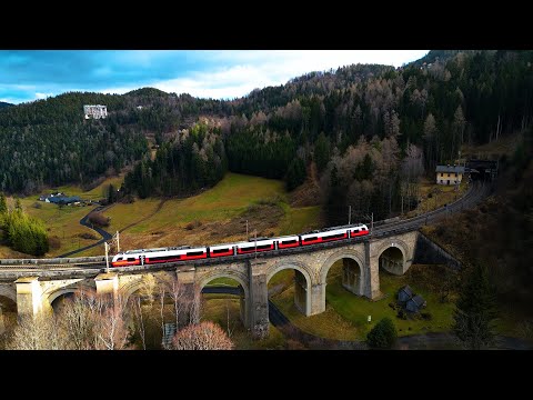 Semmeringbahn, Austria. Trains at Adlitzgraben viaduct. December 2024.