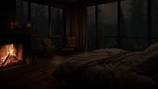 Chuva intensa na floresta tropical com cabana aconchegante e lareira crepitante para dormir