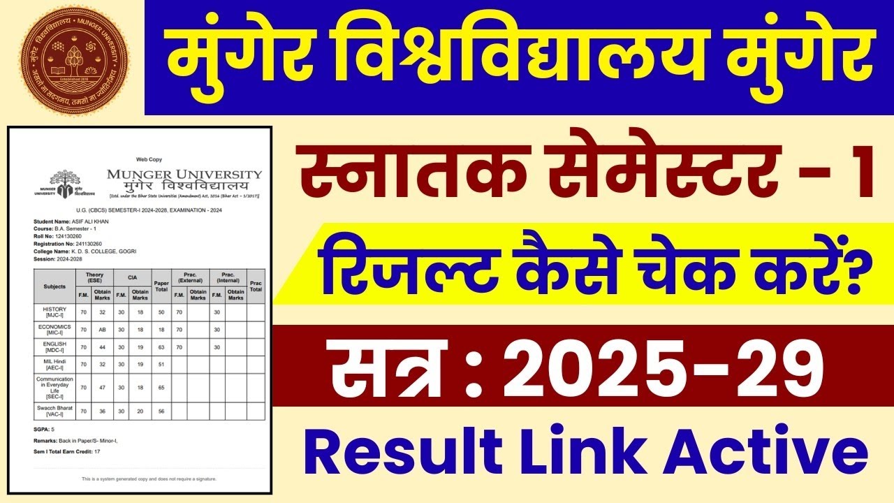 Munger University UG Semester 1 Session 2025-29 & Backlog Result Link Activate