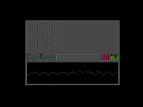 Sockmaster's Cocotracker Mod Player running on a Tandy CoCo3