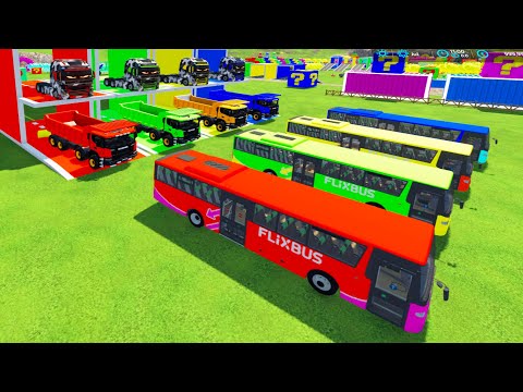 TRANSPORTING ALL COLORED FLIXBUS, SCANIA TIPPER TRUCK TO GARAGE WITH VOLVO TRAILER TRUCK - FS 22