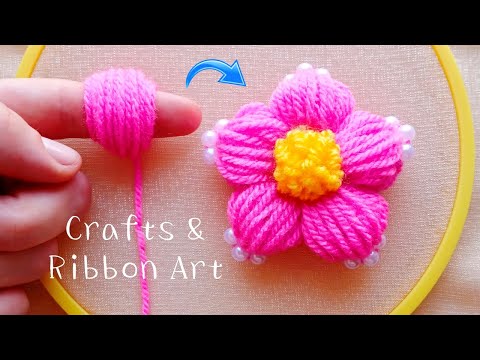 Easy Woolen Craft Ideas with Finger - Hand Embroidery Amazing Trick - DIY Woolen Flowers