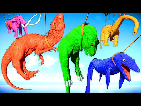 T-Rex Colors vs Mosasaurus vs Brachiosaurus vs Mammoth Dinosaurs Battle Jurassic World Evolution 2